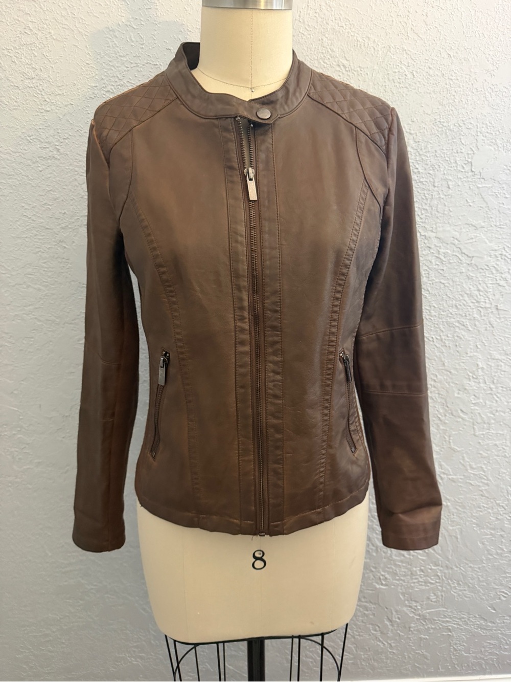 Selby Collection Brown Faux Leather Moto Jacket | Size Small
